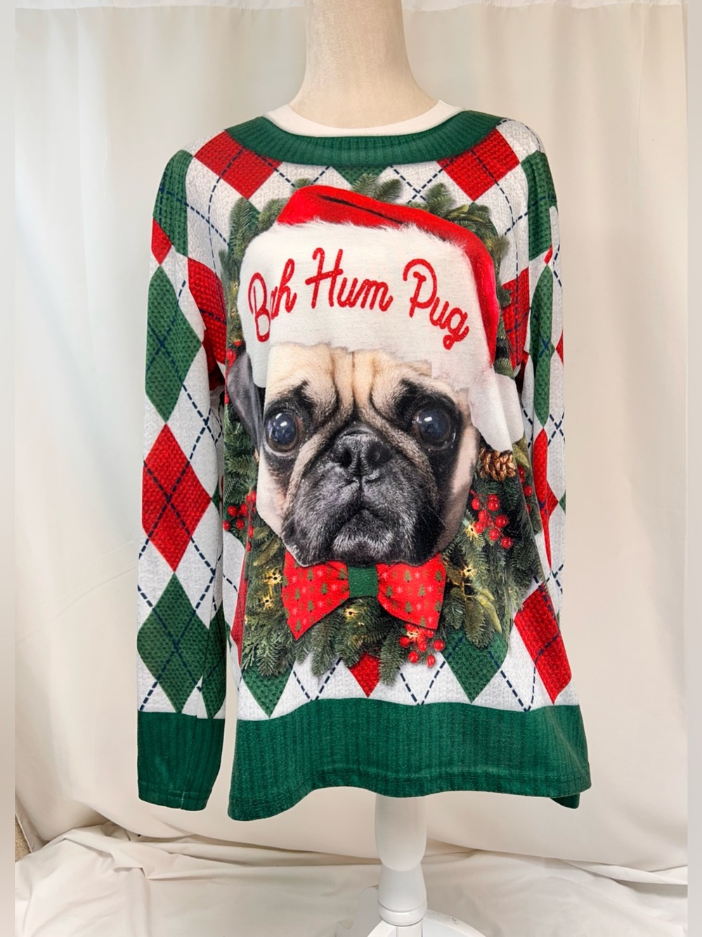 Faux Real Christmas Holiday Pug Novelty Long Sleeve Top Size Large